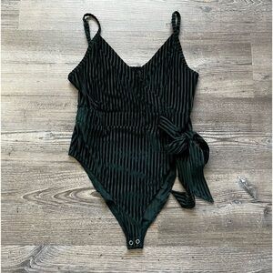 Forever 21 Velour Striped Ribbed V-Neck Bodysuit Dark Green Woman’s Small